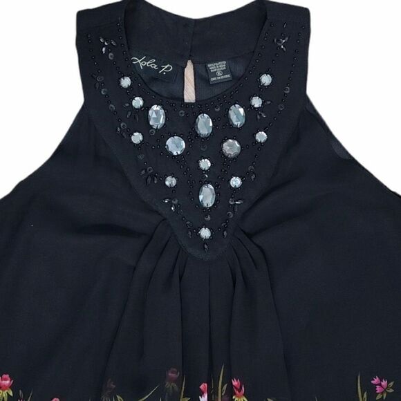 Lola P. Chiffon Shift Colorful Floral Black Dress Embellished Neck Pullover XL - Picture 9 of 10